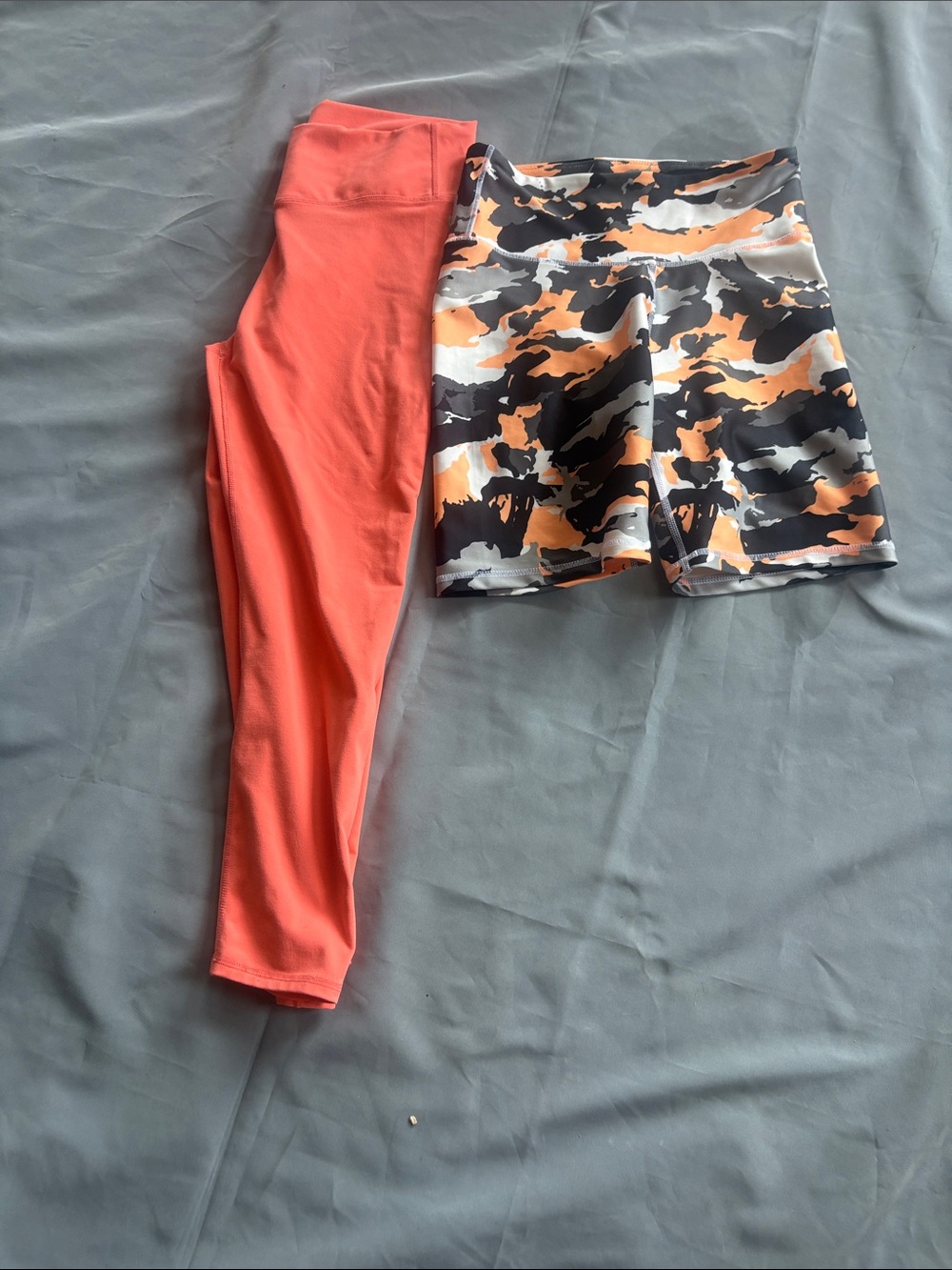 Fabletics Coral Leggings with Orange Camo Bike Shorts
